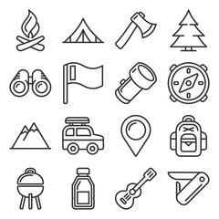 Hiking and Camping Icons Set. Line Style Vector