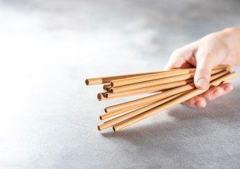 Bamboo drinking straws with Zero - waste. Ecological concept. Concept zero waste.
