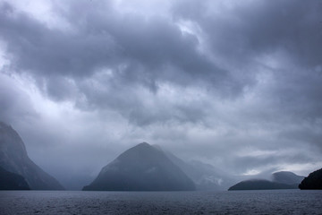 Clouds and fog at Doubtfull Sound. Fjordland New Zealand. South Island.