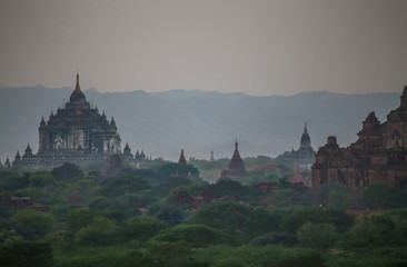 Beautiful sunset over the vaults of ancient pagodas in the Bagan Valley, Myanmar