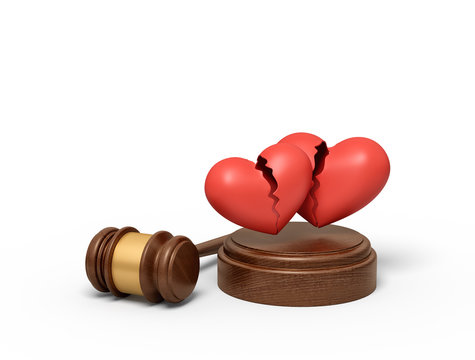 3d rendering of brown wooden gavel and two red broken hearts on round wooden block