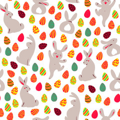 Easter seamless pattern with decorated eggs and egg hunt bunny smiling characters silhouettes. For holiday cards, packaging paper, banner, etc. Vector illustration.