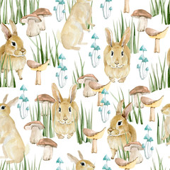 Watercolor seamless pattern forest animal. Cute baby illustration with rabbit, green grass, mushroom for the textile fabric, wrapping paper, scrapbook, posters.