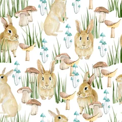 Plaid avec motif Lapin Animal de forêt aquarelle modèle sans couture. Illustration mignonne de bébé avec le lapin, l& 39 herbe verte, le champignon pour le tissu textile, le papier d& 39 emballage, l& 39 album, les affiches.
