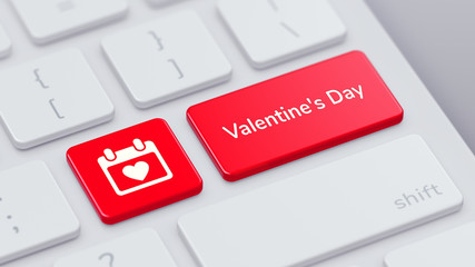 Modern keyboard with red Valentines day key and copy space. 3d illustration.