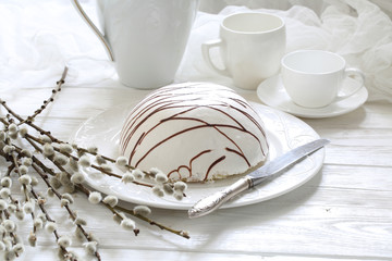 Curd Easter on a white wooden background