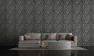 Modern living room interior design and black tile wall texture background