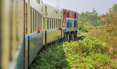 Railroad train on the route through the forest