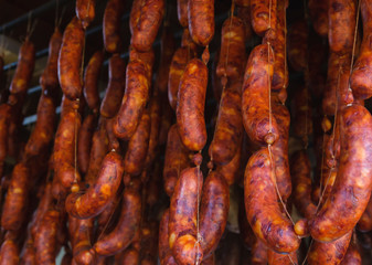 Delicious traditional spanish chorizos curing