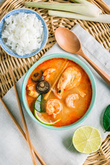 Delicious Tom Yam with shrimp and shiitake mushrooms, spicy Thai soup