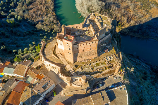 Aerial ground plan view of medieval partially restored Cofrentes castle above the Cabriel river in Spain 