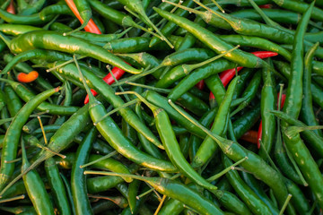 Mix Green Chilli organic farm on  tray, thailand market.