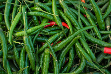 Mix Green Chilli organic farm on  tray, thailand market.