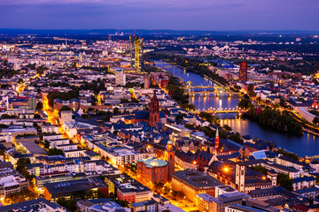 Aerial view over over Frankfurt at night