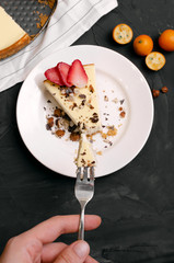Fresh strawberry cheesecake Selective Focus, Focus on the front upper edge of the cake
