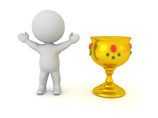 3D Character is happy next gold chalice