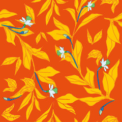 Seamless pattern with flower of narcissus and leaves. Tropical flowers vector illustration.
