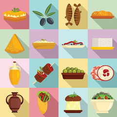 Greek cuisine icons set. Flat set of Greek cuisine vector icons for web design
