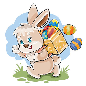 cute bunny carries a wicker box behind him, inside of which there are many Easter eggs painted in different colors,