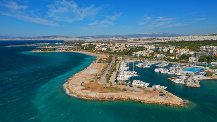 Obraz premium Aerial drone photo of famous seaside area and port of Glyfada, Athens riviera, Attica, Greece