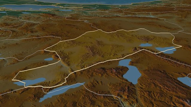 Afyon, province with its capital, zoomed and extruded on the relief map of Turkey in the conformal Stereographic projection. Animation 3D