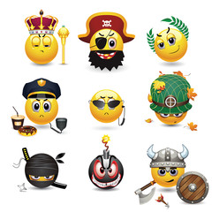 Vector set of emoji icons dressed as king, pirate, Caesar, police officer, undercover agent, soldier, ninja, terrorist and viking. Vector set of icons with different warrior masks and costumes.