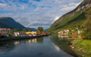 Fototapeta premium Oldedalen valley - one of the most spectacular areas of natural beauty in Norway. Town Stryn and river Strynselva. July 2019