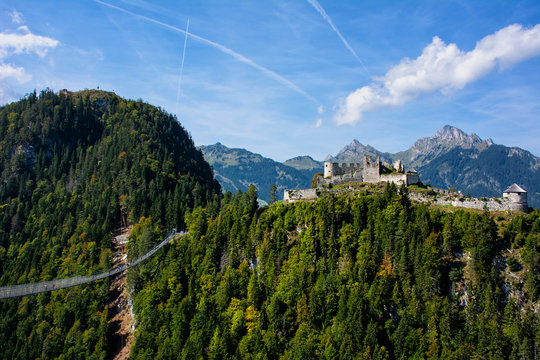 REUTTE IN TYROL - September 2018: Suspension bridge Highline179 and Castle Ehrenberg in Reutte/Austria