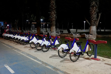 bicycles standing in a row in night light