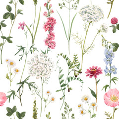 Materiał do szycia Beautiful floral summer seamless pattern with watercolor hand drawn field wild flowers. Stock illustration.