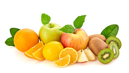 Fresh fruits healthy diet concept. Raw mixed vegan juicy food background, green apple, orange isolated on white. Variety of fresh citrus fruit, detox health clean eating concept