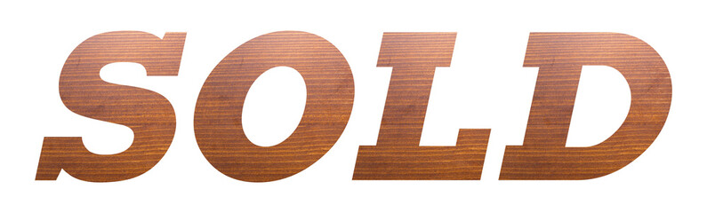 SOLD word with brown wooden texture on white background.