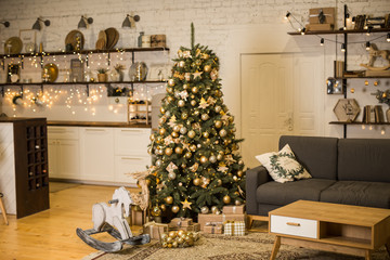 Christmas interior with elegant Christmas tree and rocking horse