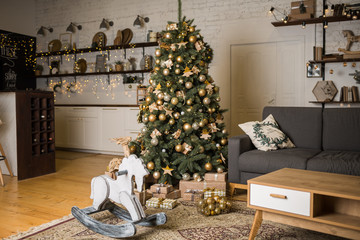 Christmas interior with elegant Christmas tree and rocking horse