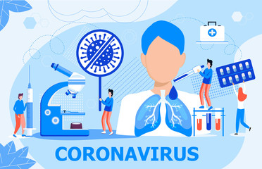 Coronavirus concept vector for landing page, banner, poster. Tiny doctors treat patient. Stop CoV sign. Resuscitation, lung ventilation to save an infected man. Pandemic situation, science