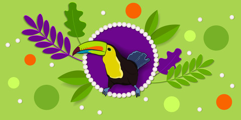 Spring and summer background. Cartoon Toucan, leaves and pearls in origami style. Colorful paper cut shapes. Beautiful vector illustration. Abstract 3D background. Design for cards, brochures, banners