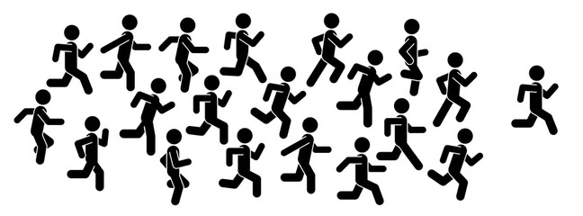 Naklejka premium Pictogram vector illustration of running men in motion. People runner race, training to marathon and jogging. Healthy sport life.