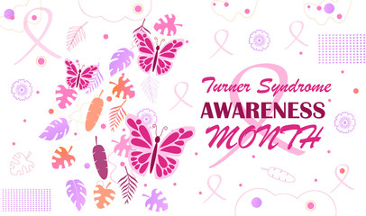 Turner Syndrome awareness month is celebrated in February. Pink butterflies and falling tropical colorful leaves on white background. Crimson ribbon is symbol