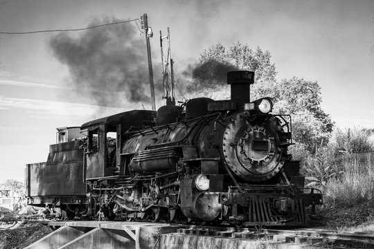 Parked Vintage Steam Train in Black and White.