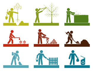 Pictograms representing people doing different backyard work. Icon set presenting