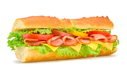 Fresh submarine sandwich with ham, cheese, tomato, lettuce salad, isolated on white. Colorful tasty...