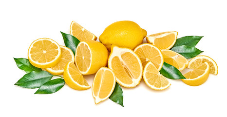 Lemon fruit, slices, leaves isolated on white. Juicy healthy vitamin C food. Organic whole, cut lemons citrus fruits. Creative composition for freshness detox vegan lemon juice.