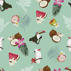 Vector seamless pattern with fruits, leaves, toucan and a cockatoo .