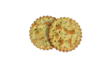 Two round cracker with herbs and cheese isolated on a white background