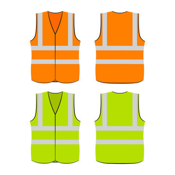 Safety vest. Set of yellow and orange work uniform with reflective stripes. Vector illustration.