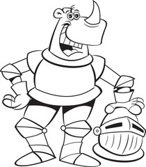 Black and white illustration of a rhino wearing a suit of armor.