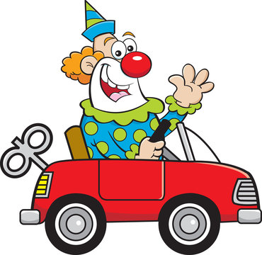 Cartoon illustration of a happy clown driving a toy car while waving.