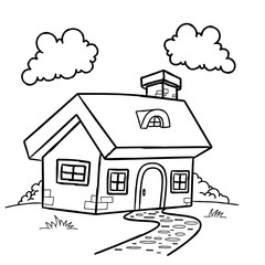 Fototapeta premium Funny fairy tale house children coloring page isolated on white. Building, countryside.