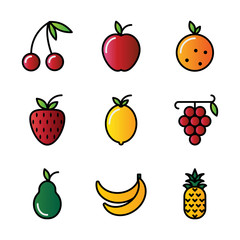 Fruit icon set include fruit, cherry, food, healthy food, apple, orange, strawberry, lemon, wine, grape, avocado, banana, pineapple