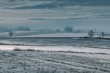 Winter Landscape - Frozen Field with Trees and Tractor